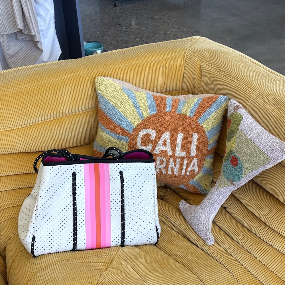 Stylish White Tote with Pink and Black Stripes